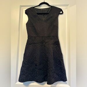 Zara Basic Black Embossed Jacquard A-line Dress With Side Pockets